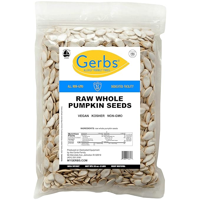 Gerbs Raw Whole Pumpkin Seeds 2 lbs. | In-Shell, 10.5 mm Size, Resealable Bag | Mildly Nutty & Crunchy | Top 14 Allergen-Free