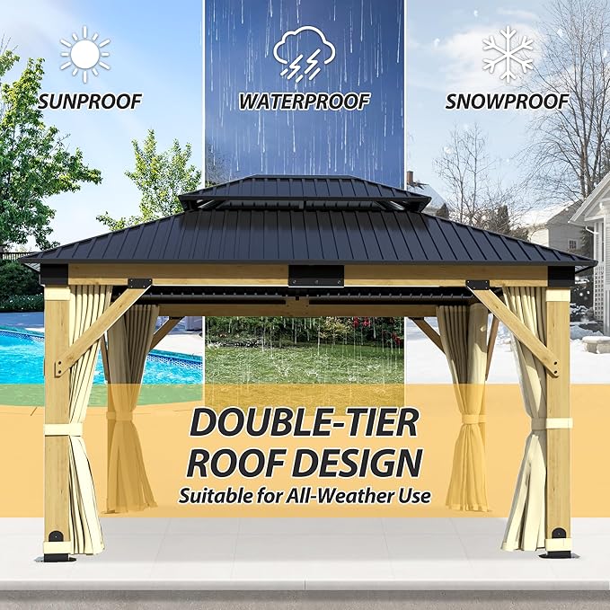 11'x13' Wood Gazebo, Hardtop Cedar Gazebos with Double Roof Galvanized Steel Top, Outdoor Solid Wooden Pavilion with Curtain & Netting for Garden, Patio, Deck, Backyard