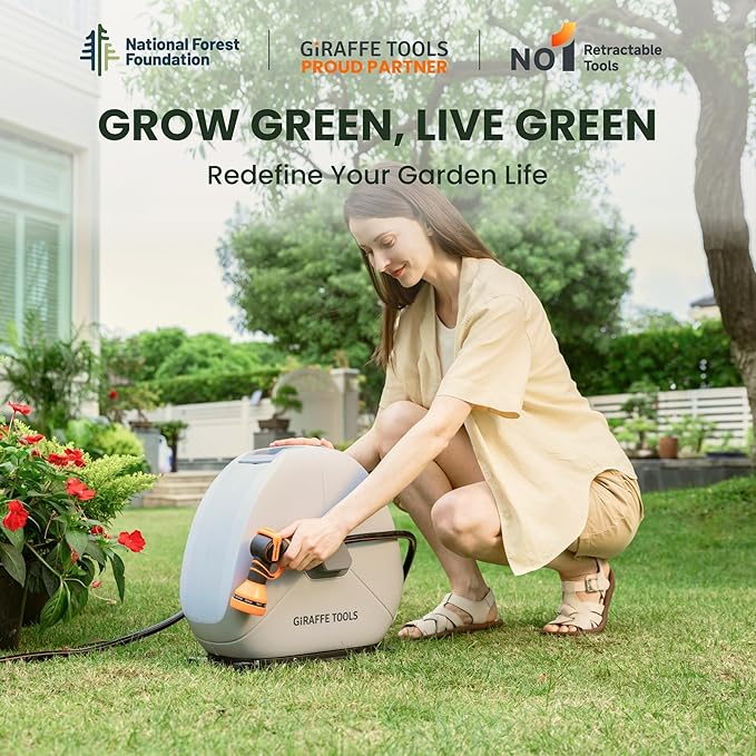 Giraffe Tools Ground Mounted Retractable Hose Reel 1/2 Inch x 82FT, Heavy Duty Automatic Rewind Garden Hose Reel, with Flexible Swivel Base for Lawn, Concrete Floor