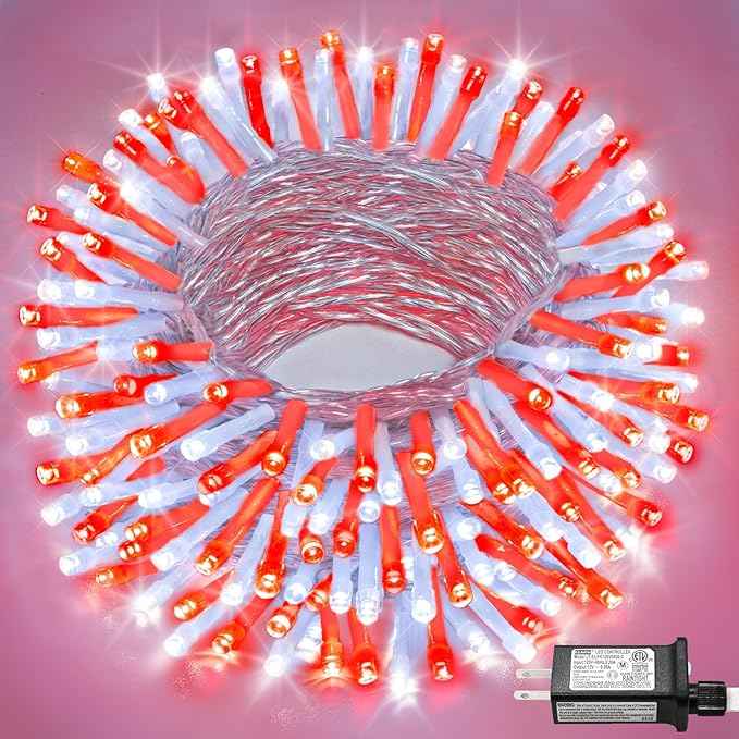 66FT 200 LED Christmas Lights Outdoor, Plug in Christmas String Lights Indoor, Waterproof & 8 Modes & Timer Function, Connectable Fairy Twinkle Light for Bedroom Classroom Wedding Decor, Red White