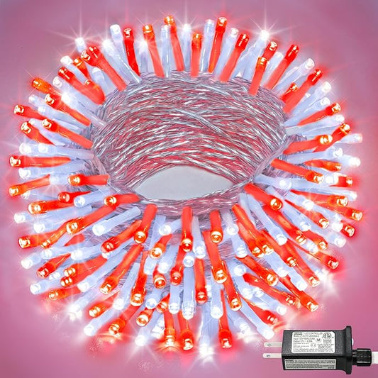 66FT 200 LED Christmas Lights Outdoor, Plug in Christmas String Lights Indoor, Waterproof & 8 Modes & Timer Function, Connectable Fairy Twinkle Light for Bedroom Classroom Wedding Decor, Red White