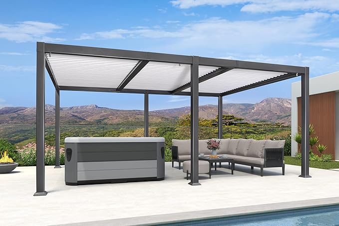 PURPLE LEAF Louvered Pergola 11' x 18' Outdoor Aluminum Pergola with White Adjustable Rainproof Roof Grey Frame Hardtop Gazebo for Patio Deck Garden