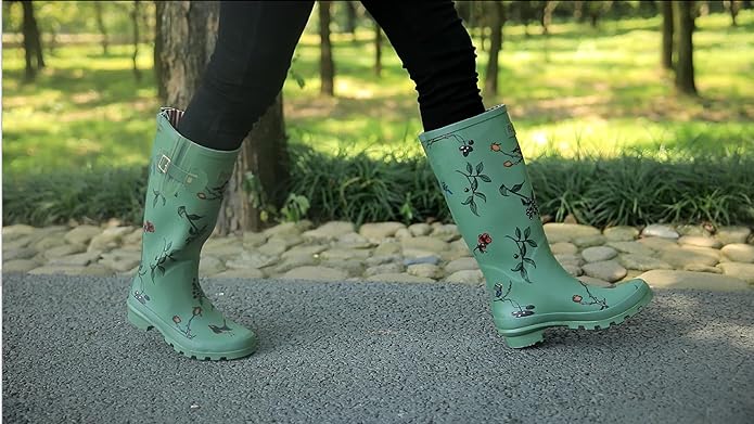 Rongee Rain Boots for Women Waterproof Garden Outdoor Mud Boots Printed with Adjustable Buckle