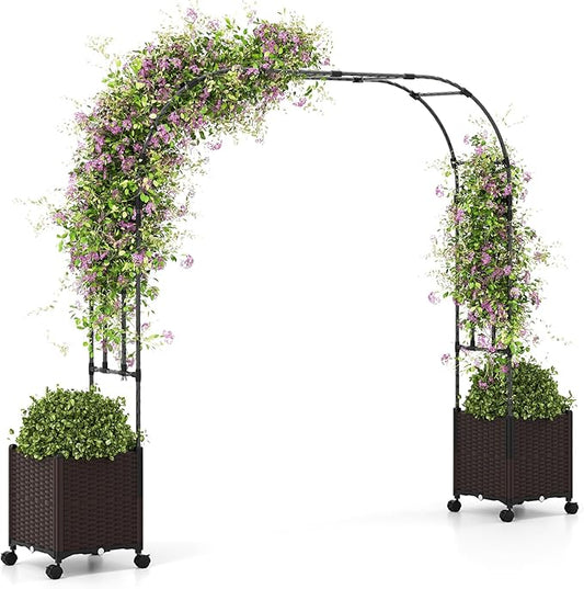 Happygrill 80" Garden Arch Trellis, Metal Archway Pergola with 2 Planter Boxes, Detachable PE-Coated Metal Tubes, Self-Watering System & Lockable Wheels, Outdoor Arbor for Climbing Plants