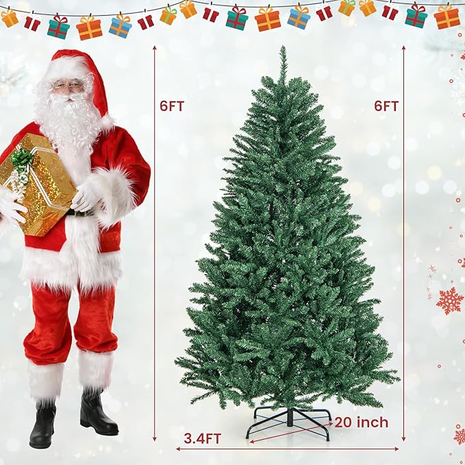 Goplus 6ft Artificial Douglas Christmas Tree, Unlit Hinged Xmas Full Tree with 1355 Branch Tips, Foldable Metal Base, Easy Assembly, Indoor Holiday Party Office Home Store Decor