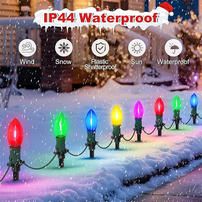 30Ft C9 Led Christmas Pathway Lights Outdoor, 20 Multicolor Bulbs Waterproof Connectable Christmas Walkway Lights with Stakes for Yard Lawn Sidewalk Driveway Decorations