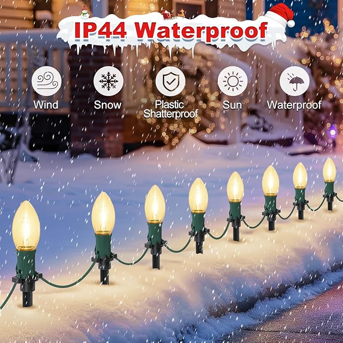 30Ft C9 Led 20 Bulbs Christmas Pathway Lights Outdoor, Warm White Led Bulbs Waterproof Connectable Christmas Walkway Lights with Stakes for Yard Lawn Sidewalk Driveway, Christmas Decorations