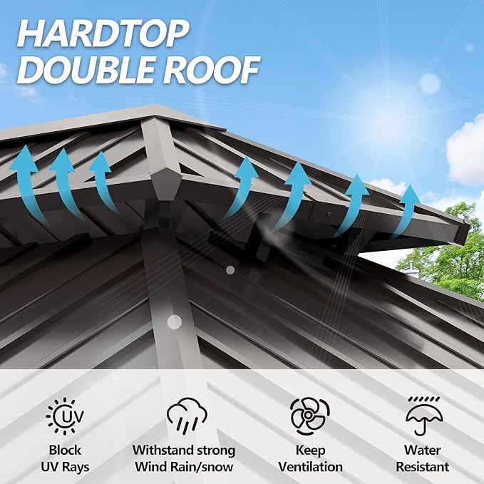 12'x14' Hardtop Gazebo, Outdoor Double Roof Galvanized Steel Gazebos, Aluminum Frame Permanent Pavilion with Curtains & Netting for Backyard, Patio, Deck