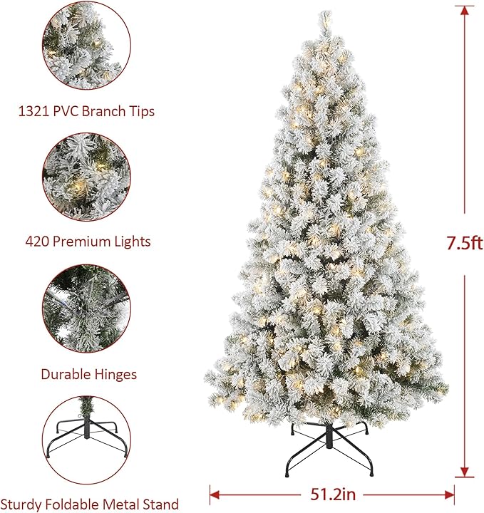7.5ft Flocked Christmas Tree Prelit, Frosted Artificial Christmastree with 420 Warm White Lights, 1321 Snowy Branch Tips - Ideal for Home, Office, Party, or Holiday Decor