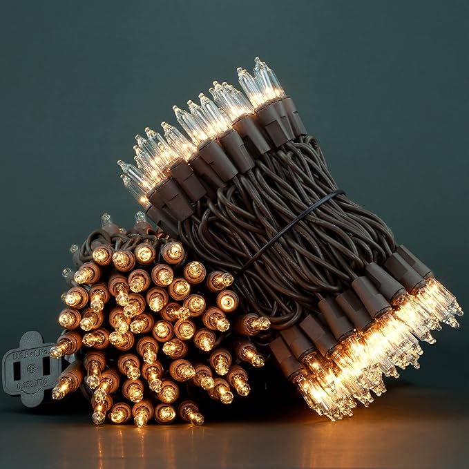 YULETIME 200 Clear Christmas Lights with Brown Wire, Pack of 2 Strands of 21 ft 100 Count UL Certified Incandescent Mini String Light (Clear - Brown Wire)