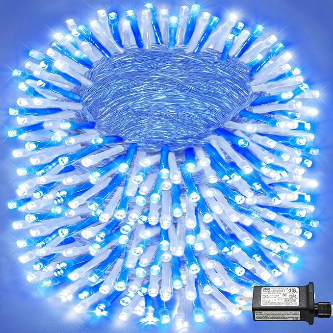 800 LED Christmas Lights Outdoor Indoor, String Lights for Outside with 8 Modes Waterproof, Plug in Twinkle Light Clear Wire for Xmas Tree, Patio, Garden, Party Decorations, Blue White