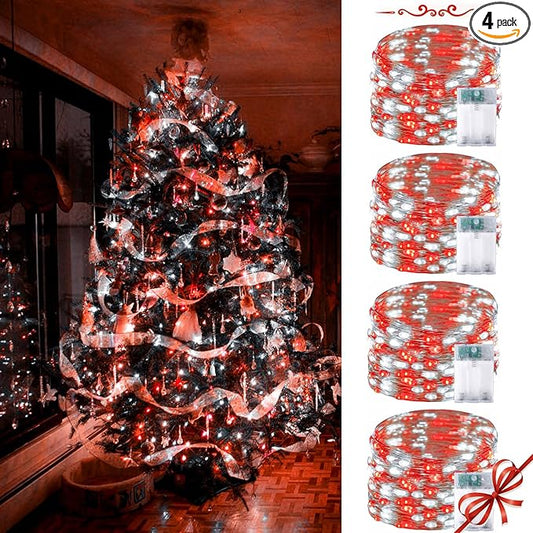 4 Pack Red and White Christmas String Lights, 20FT 60 LED Fairy Lights Battery Operated with Timer, Waterproof Christmas Tree Light for Outdoor and Indoor Bedroom Home Yard Patio Christmas Decorations