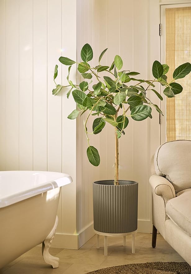 Veradek Demi Series Round Planter w/Stand for Porch/Patio | Durable Plastic-Stone Composite & Wooden Stand | Modern Décor for Tall Plants, Flowers