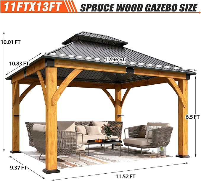 11'x13' Wood Gazebo, Spruce Wood Hardtop Gazebo with 2 Storage Shelves, Double Galvanized Steel Roof Outdoor Wooden Pavilion for Deck, Garden, Backyard