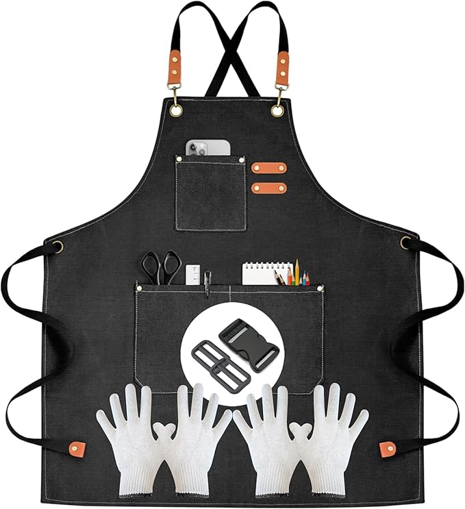 Heavy-Duty Canvas Tool Apron – Adjustable Cross-Back Work Apron with Pockets for Woodworking, Gardening & Crafts