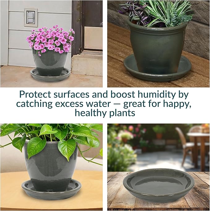 Sunnydaze 7-Inch Ceramic Plant Saucers - Plant Drip Trays for Outdoor Planter Flower Pot Drainage - Set of 2 - Gray