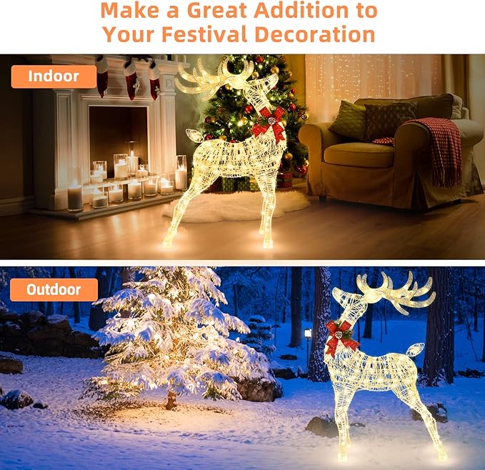 Tangkula 4.4 FT Christmas Lighted Reindeer, Outdoor Yard Christmas Decorations with 120 LED Lights, Artificial Xmas Décor with Stakes and Zip Ties, Indoor/Outdoor Festive Holiday Decoration