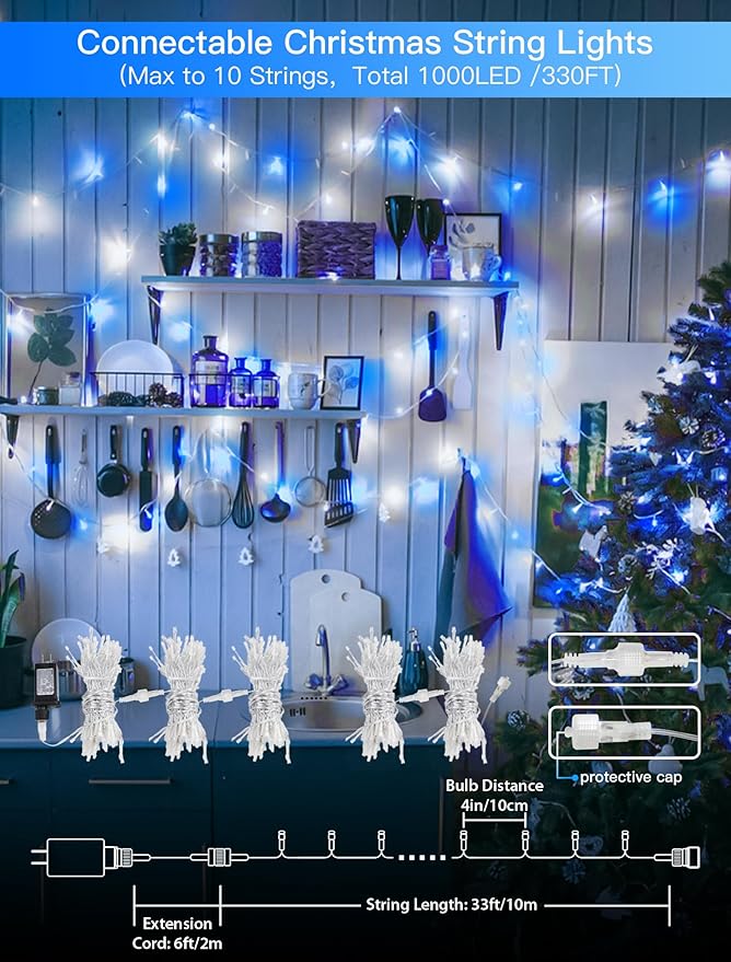 33FT 100 LEDs String Lights Waterproof Fairy Lights 8 Modes with Memory 30V UL Certified Power Supply for Home, Garden, Wedding, Party, Christmas Decoration Indoor Outdoor (Cool White+Blue)