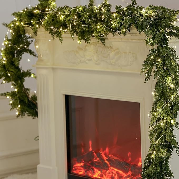 MISSPIN 9ft Christmas Garland with Lights, Real Touch Winter Cedar Pine Garland, Green Artificial Greenery Garland for Table, Mantle, Wall, Indoor, Outdoor Christmas Decorations