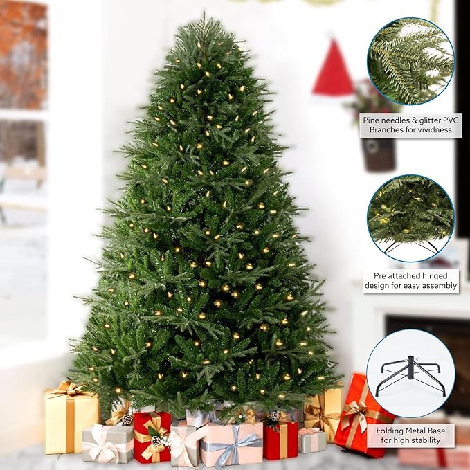 Camden 7.5ft Prelit Artificial Christmas Tree with Foot Pedal, 2755 Branch Tips, 600 Warm Lights and Metal Stand, 58" Wide Realistic Hinged Christmas Tree with Lights by Naomi Home