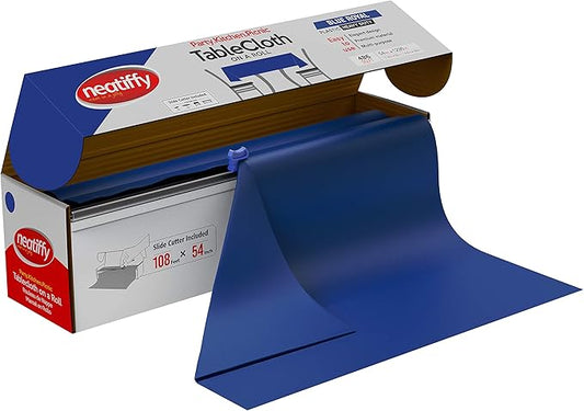 Neatiffy Disposable Plastic Table Cloth Roll | 54 in x 108 Ft Waterproof Tablecloth | Table Cover for Rectangle, Square, Round Oval Tables | Picnic, Party, Banquet, Birthdays, Weddings - Royal Blue