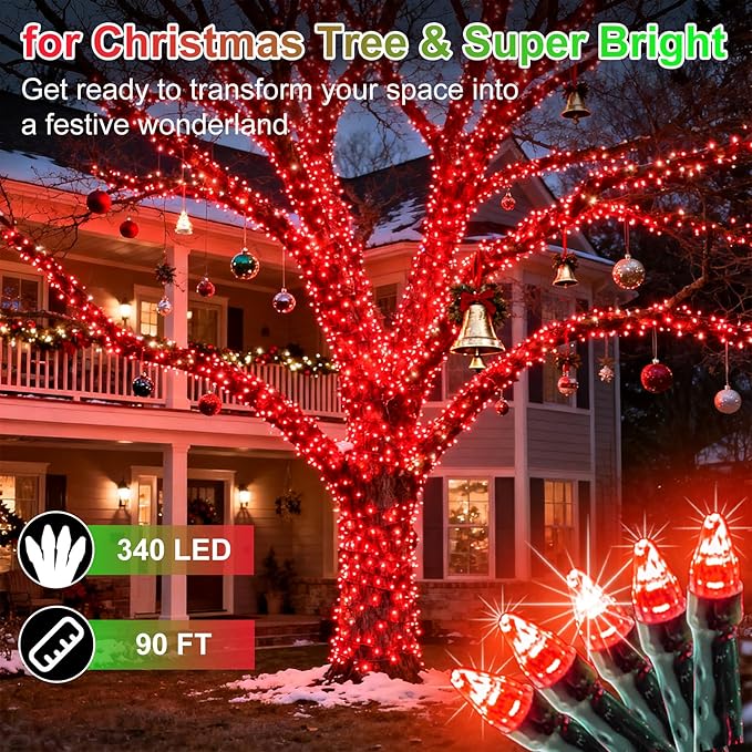 340 LED 90FT Christmas String Lights Outdoor, 12 Pro Modes and Timer Memory & Brightness, Plug in Waterproof Dark Green Wire Twinkle Light for for Xmas Yard Tree Wedding Party Decor (Red)