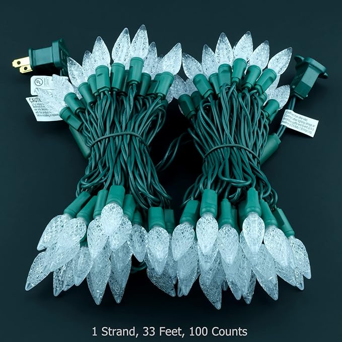 YULETIME Cool White C6 Strawberry LED Christmas Lights, 33 ft 100 Count 4" Spacing One-Piece High Waterproof UL Certified String Light (Cool White)