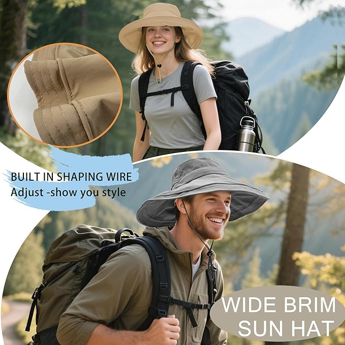 Sun Hats for Women Men UV Protection Wide Brim Bucket Hat with Ponytail Hole Waterproof Gardening Fold-Up Summer Cap