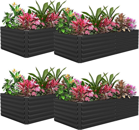 FOOWIN 4pcs 6x3x2ft Galvanized Raised Garden Bed, Planter Raised Garden Boxes Outdoor, Large Metal Raised Beds for Gardening, Garden Bed for Vegetables, Flowers, Herb,269 Gallon Capacity, Black