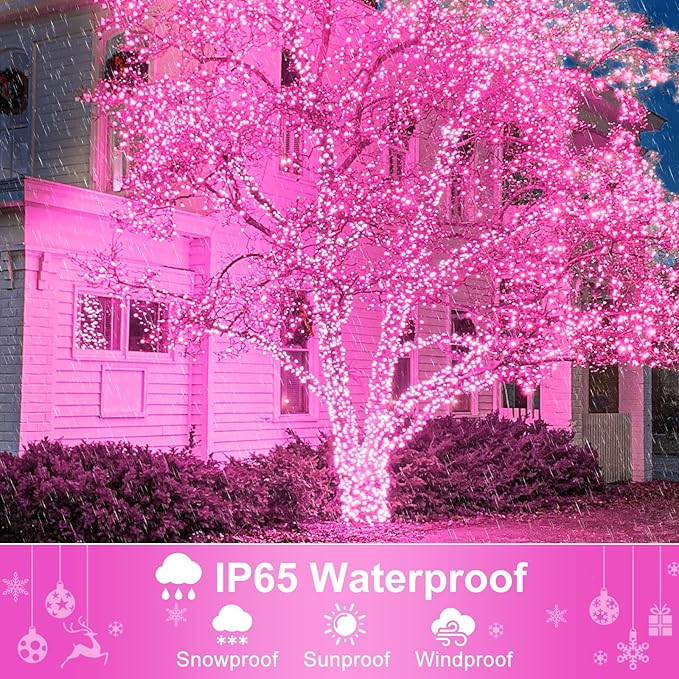 262FT 800 LED Christmas Lights, Plug in Christmas Tree Lights Outdoor with Timer and 8 Modes, Green Wire Waterproof String Light for Indoor House Yard Patio Wedding Decorations, Pink