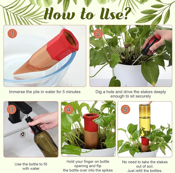 6 Sets Plant Watering Devices Include 6 Terracotta Self Watering Spikes and 6 Pcs 26 oz Plastic Bottles, Slow Release Vacation Insert Automatic Plant Waterer Device (Mixed Colors)