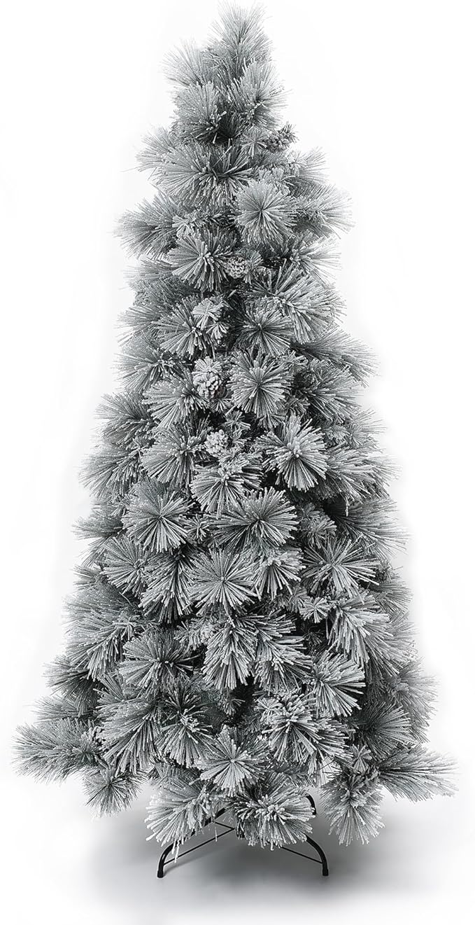 LuxenHome 6.5FT Christmas Tree with Lights, Flocked Pine Tree with 350 LED Lights, Full Downswept Christmas Trees with Lights and Metal Stand for Living Room, Entryway Holiday Decor