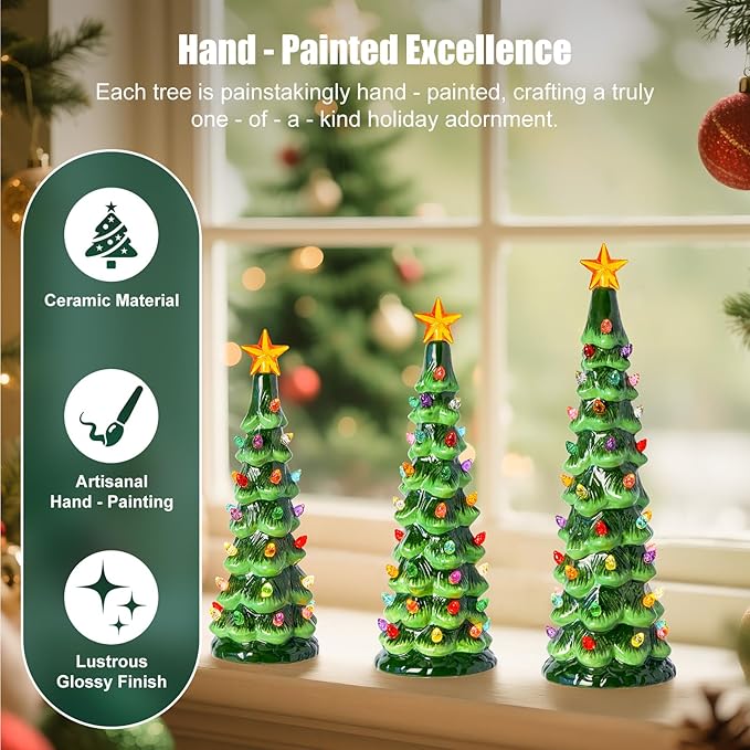 Brightown Lighted Ceramic Christmas Tree Set of 3, Pre-Lit Hand-Painted Tabletop Christmas Tree with Multicolored LED Lights, Battery Operated Vintage Ceramic Tree for Home Table Holiday Decor, Green