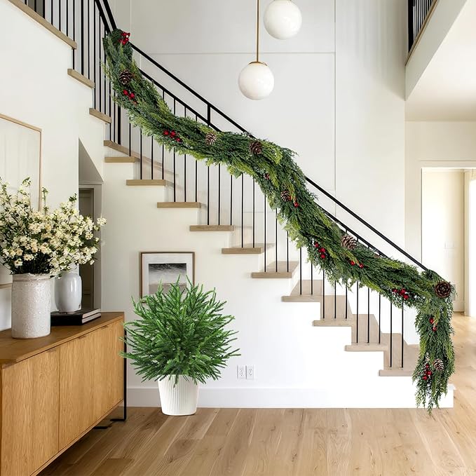 6FT Artificial Cedar Christmas Garland Real Touch Realistic Soft and Thickness Garland Faux Full Greenery Holiday Garland for Mantel, Fireplace, Front Door, Indoor Outdoor Xmas Decoration