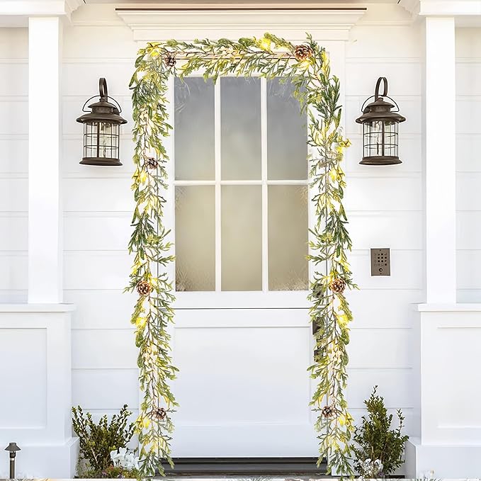 9FT Snow Cedar Pine Garland,Prelit Christmas Garland with Timer,Realistic Garlands Battery Operated for Winter Holiday Outdoor Staircase Decorations 30LED