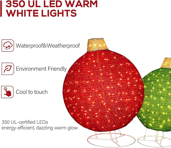 Hykolity 2 Pack 30" & 24" Pop-Up Iron Christmas Ornament Set, 350 Warm White LEDs with UL Transformer, 8 Light Functions & 18H Timer, Red & Green