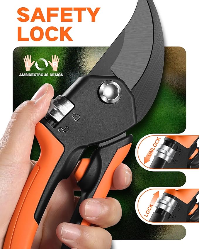 8.5" Pruning Shears for Gardening, 【Unique Stepless Handle Opening】Professional Bypass Garden Clipper, Heavy Duty Plant Pruners for Branch 【SK5 Steel Blades】【Built-in Spring】【All Hand Sizes】