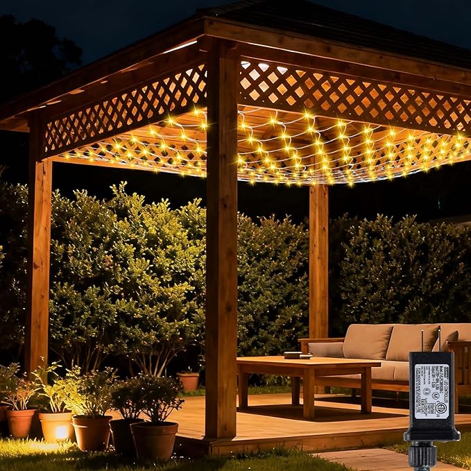 LitHome 10 x 10ft Christmas Net Lights Outdoor, 8 Modes Connectable Led Net Lights, 280 LED Gazebo Mesh Light with Timer, Warm White Bush Light Plug in Waterproof for Garden, Canopy, Pergola, Yard
