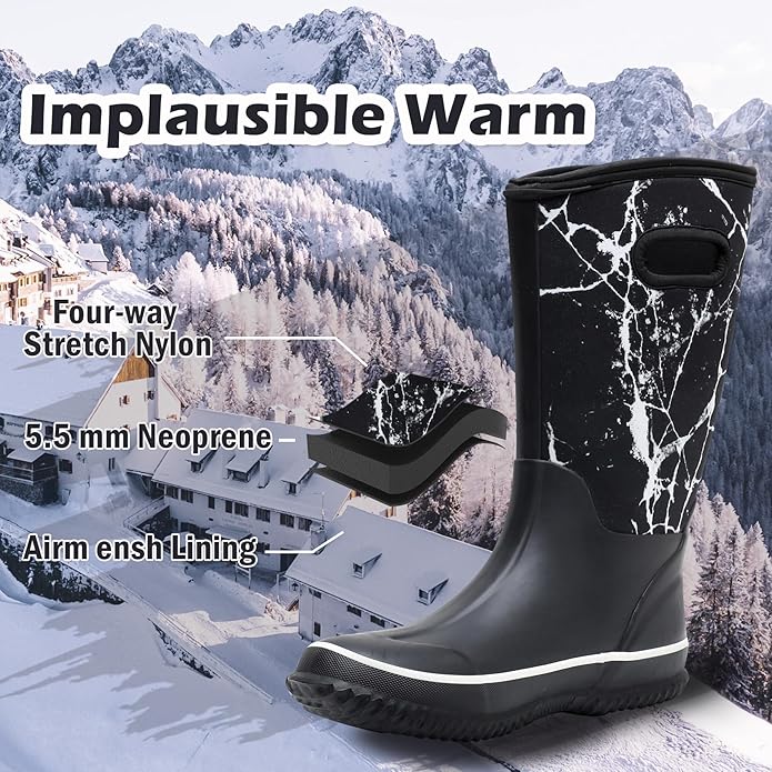 WTW Mid Calf Rain Boots for Women - Waterproof Insulated Neoprene Mud Boots Outdoor Hunting Garden Boots