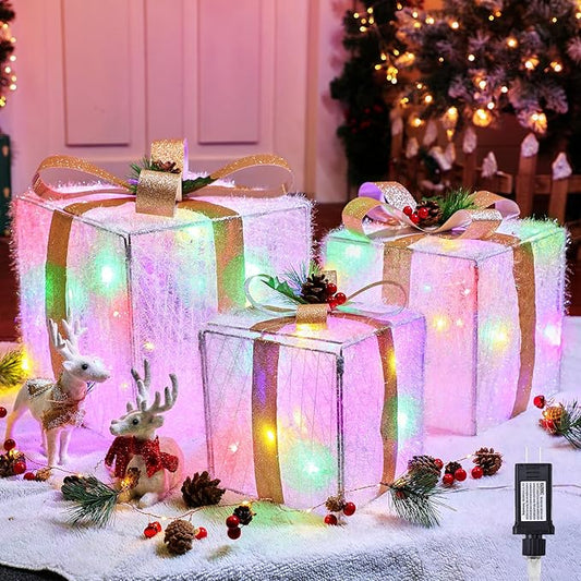 Set of 3 Christmas Decorations Lighted Gift Boxes with Bows，12" 10" 8" with 60 Pre-Lit Mini String Lights，Foldable LED Xmas Present Boxes for Tree Indoor Outdoor Holiday Party Yard Home Decor