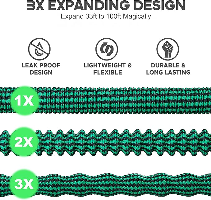 Expandable Garden Hose 100 ft Water Hose with 10 Function Spray Nozzle, Lightweight Flexible Hose with 3/4 Inch Solid Fittings and 3-Layer Latex Core, 100ft Retractable Stretch Hose, Green & Black