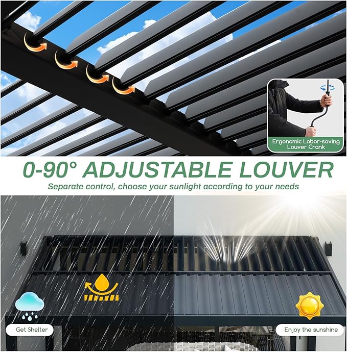 LVUYOYO Outdoor Louvered Pergola 10' x 13' with LED String Lights, Aluminum Pergola with Adjustable Roof, Waterproof Metal Gazebo for Patio, Backyard, Garden, Deck (10x13FT with Lights)