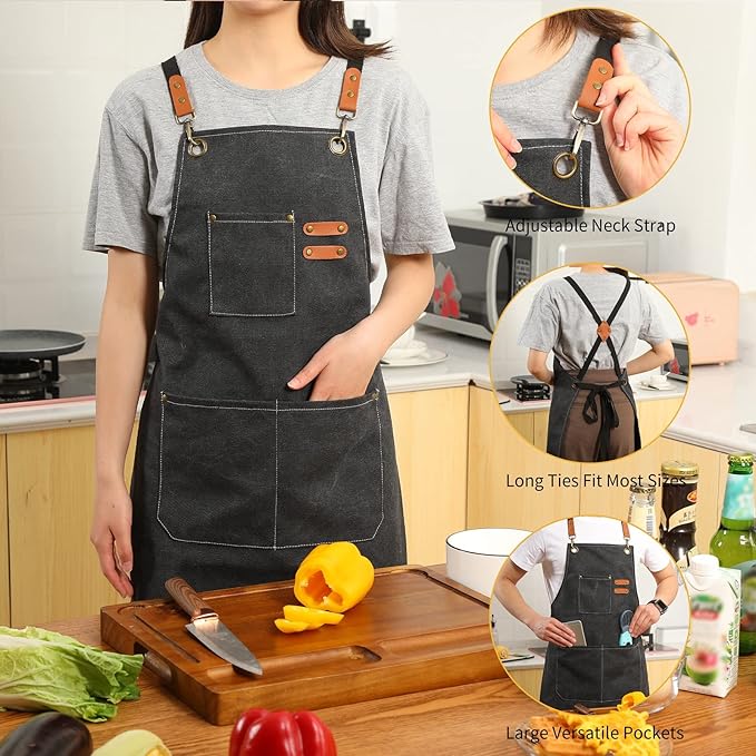 Tosewever Canvas Cross Back Chef Cotton Aprons for Men Women with Large Pockets