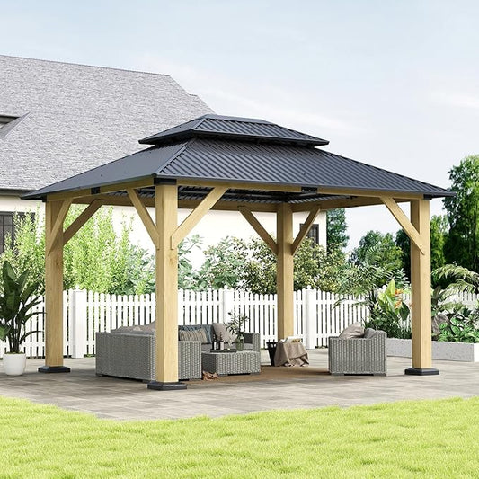 10'x12' Wood Gazebo, Outdoor Solid Wooden Gazebo with Double Roof Galvanized Steel Top, Hardtop Cedar Frame for Garden, Patio, Deck, Backyard