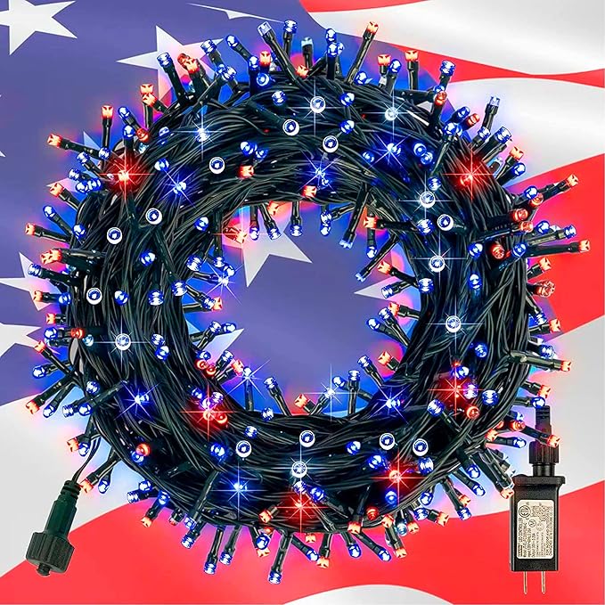 TW SHINE 4th of July String Lights, 200 LED 66 FT Independence Day Light, Waterproof Red White and Blue Christmas Lights with 8 Modes Plug in Patriotic Decorations for Indoor Outdoor Decor