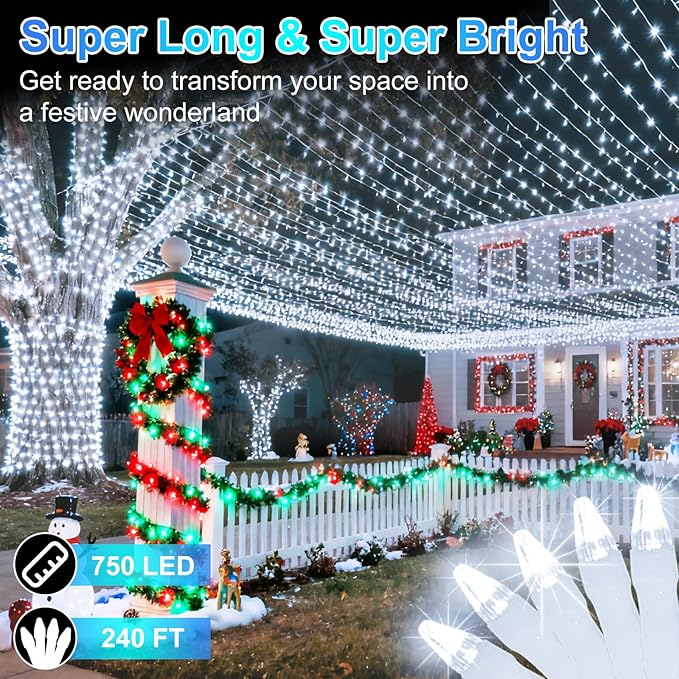750 LED 240FT Christmas String Lights Outdoor, 12 Pro Modes and Timer Memory & Brightness, Plug in Outdoor Waterproof Clear Wire Twinkle Light for for Xmas Yard Tree Wedding Party Decor (Cool White)
