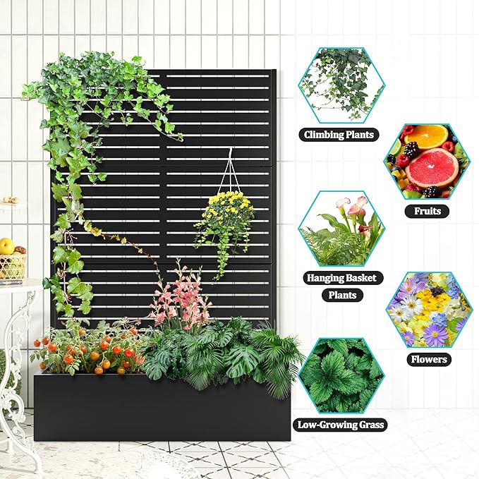 Metal Planter Box with Trellis, Planter Box with Privacy Screen, Privacy Trellis Outdoor for Climbing Plants with Drainage Holes, Raised Garden Bed for Vegetables