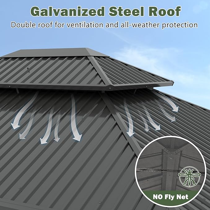 12x16FT Hardtop Wood Gazebo, Outdoor Gazebo with Cedar Wooden Pillar & Double Metal Roof - Weather-Resistant Gazebos Pavilion for Patio, Garden, Backyard (w/Netting & Gray Curtains)