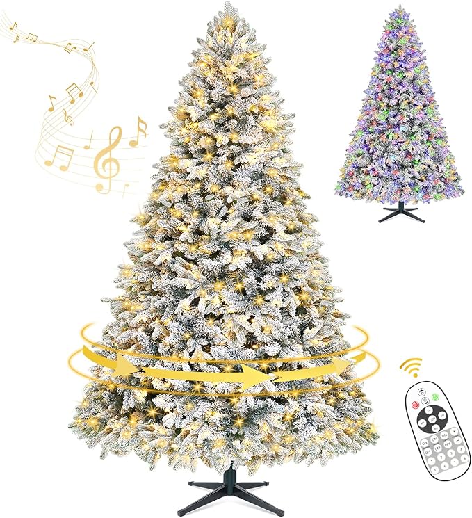 9FT White Flocked Artificial Christmas Tree, 360° Rotating Musical Xmas Tree with Remote Control, Pre-Lit 8 Modes Warm White & Multicolored LED Lights Snowy Holiday Tree for Festive Décor