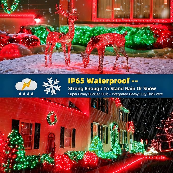 105FT 300 LEDs Red Green Christmas Lights Outdoor Indoor, Christmas Tree Lights Party Decorations, 8 Lighting Modes with Timer & Memory Function